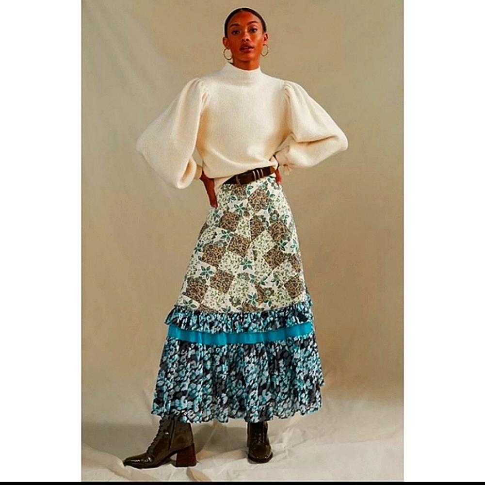 Anthropologie Raga Floral Patchwork floral cotton maxi skirt green blue Medium